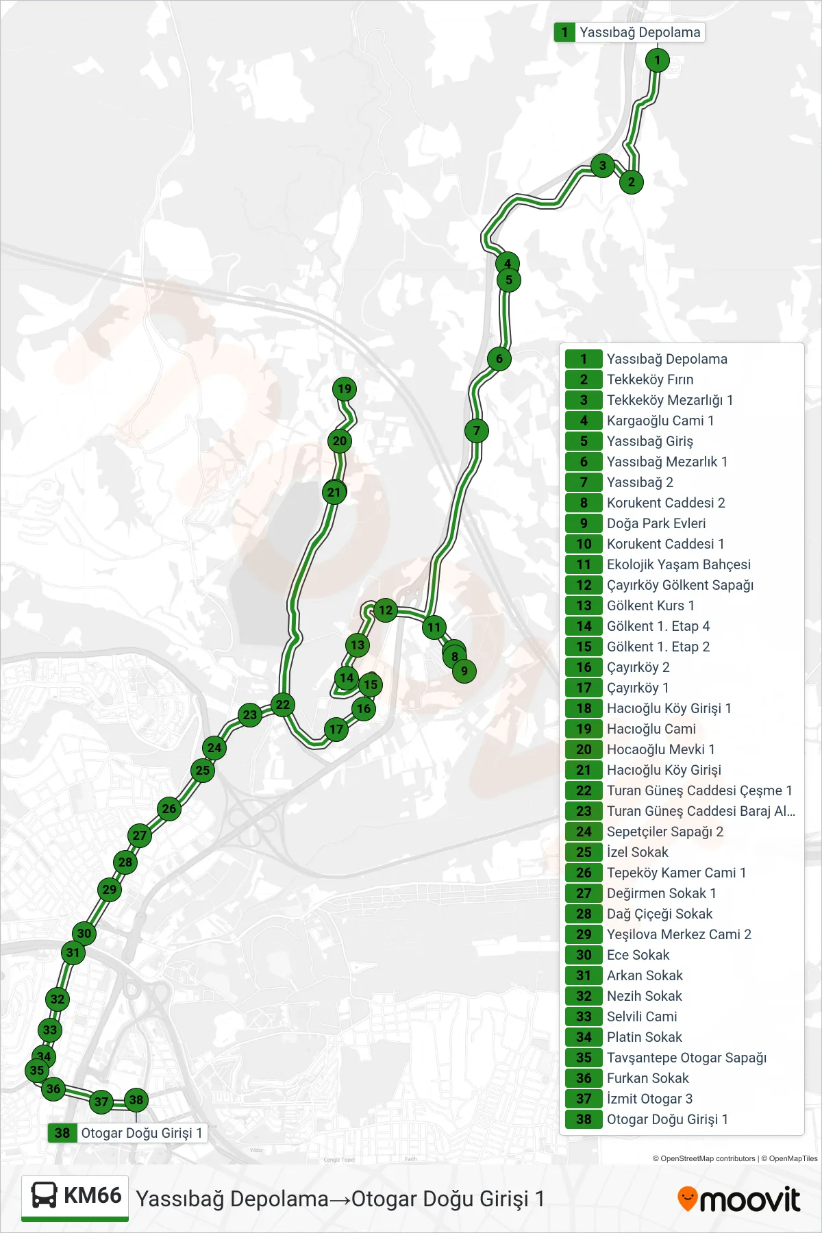 KM66 bus Line (Yassıbağ Depolama‎→Otogar Doğu Girişi 1) route and stops on a map