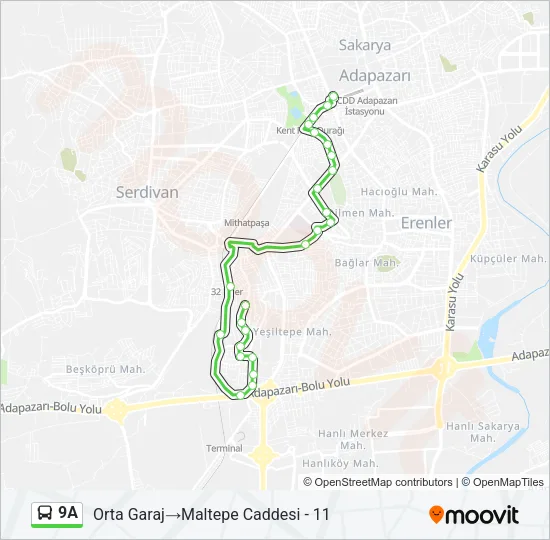 9A otobüs Hattı Haritası
