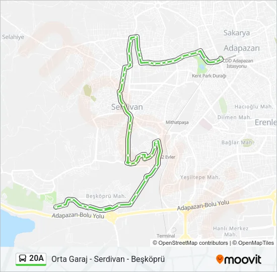 20A otobüs Hattı Haritası