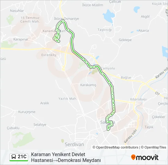 21C otobüs Hattı Haritası