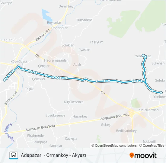 ADAPAZARI - ORMANKÖY - AKYAZI Bus Line Map