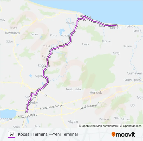 KOCAALI - KARASU - SAKARYA TERMINAL otobüs Hattı Haritası