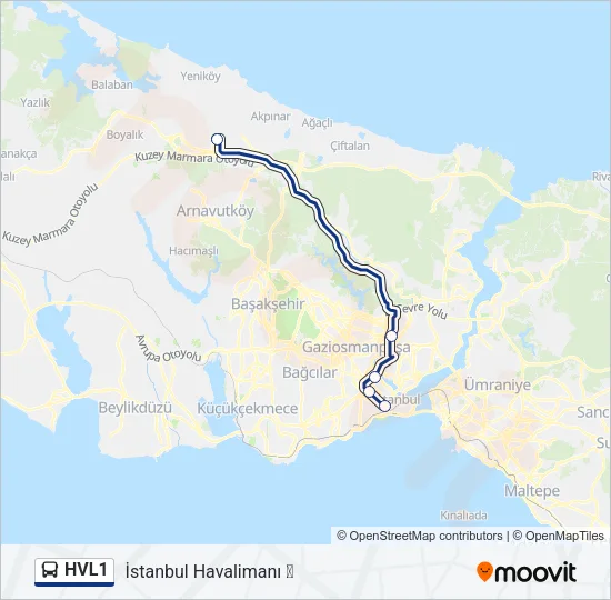 HVL1 otobüs Hattı Haritası