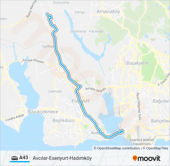 A43 Dolmus & Minibus Line Map