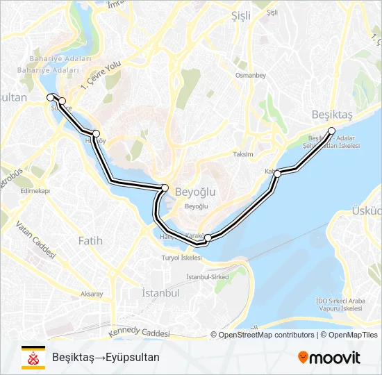 BEŞIKTAŞ - KABATAŞ - KARAKÖY - KASIMPAŞA - HASKÖY - SÜTLÜCE - EYÜPSULTAN vapur Hattı Haritası
