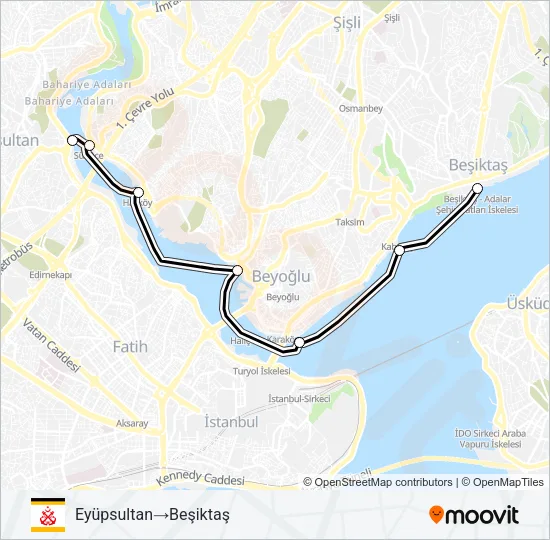 BEŞIKTAŞ - KABATAŞ - KARAKÖY - KASIMPAŞA - HASKÖY - SÜTLÜCE - EYÜPSULTAN Ferry Line Map