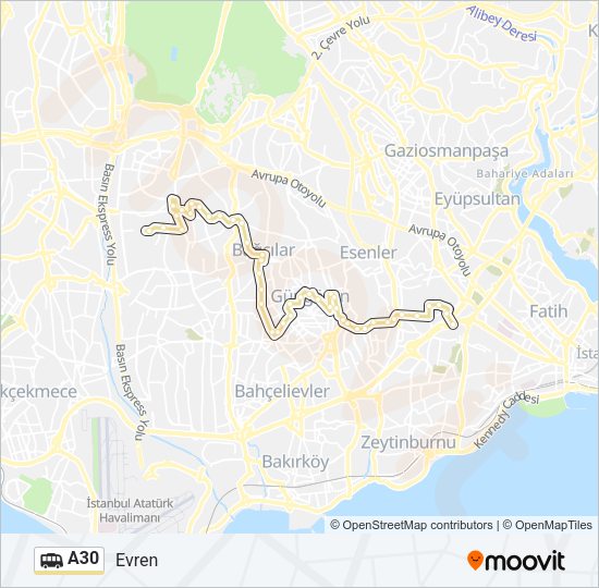 A30 Dolmus & Minibus Line Map