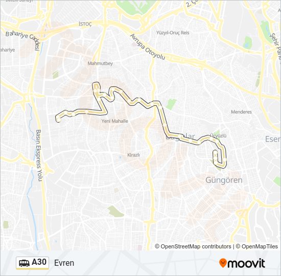 A30 Dolmus & Minibus Line Map
