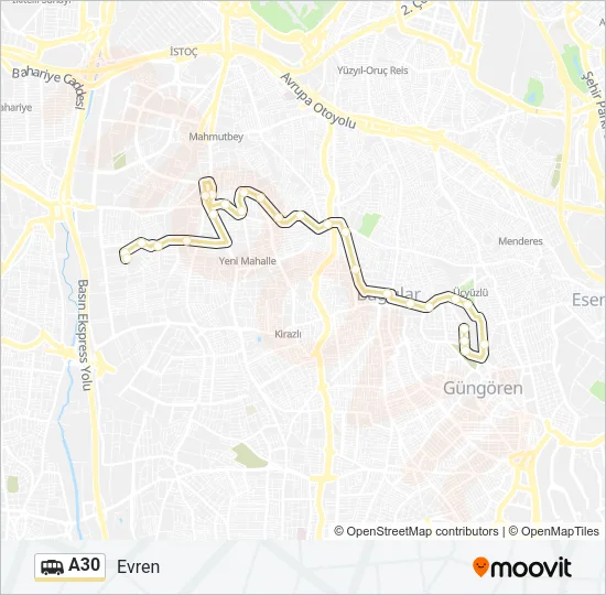 A30 Dolmus & Minibus Line Map
