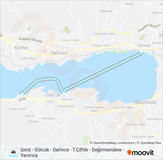 İZMIT - GÖLCÜK - DERINCE - T.ÇIFTLIK - DEĞIRMENDERE - YARIMCA Ferry Line Map