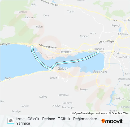 İZMIT - GÖLCÜK - DERINCE - T.ÇIFTLIK - DEĞIRMENDERE - YARIMCA Ferry Line Map