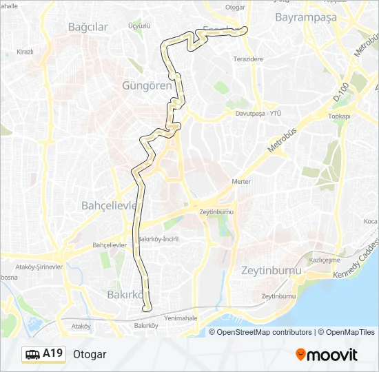 A19 minibüs / dolmuş Hattı Haritası