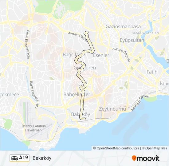 A19 Dolmus & Minibus Line Map
