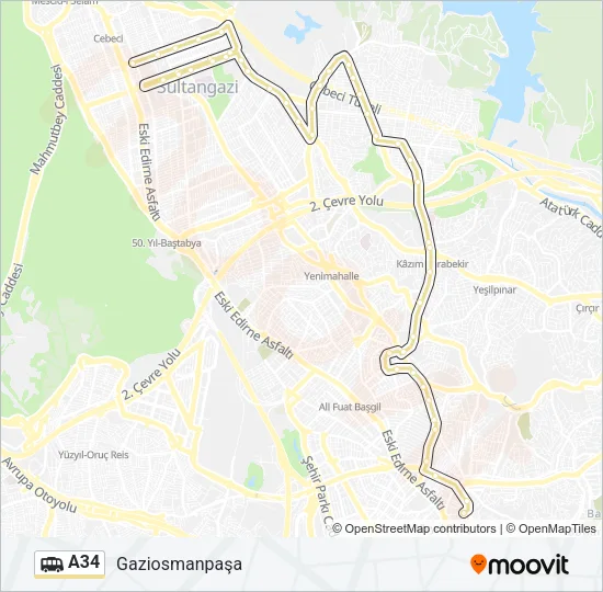 A34 minibüs / dolmuş Hattı Haritası