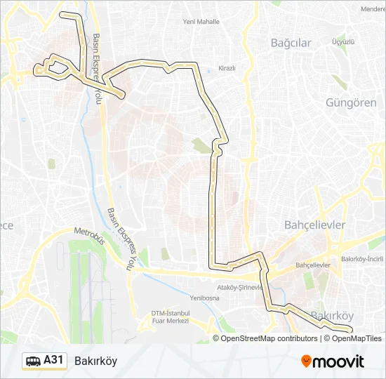 A31 minibüs / dolmuş Hattı Haritası