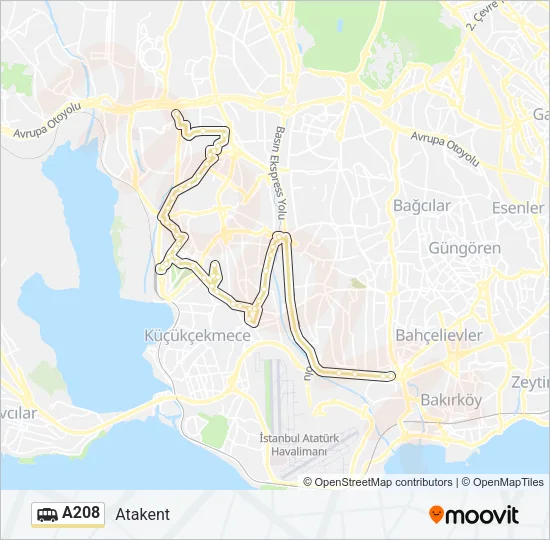A208 minibüs / dolmuş Hattı Haritası