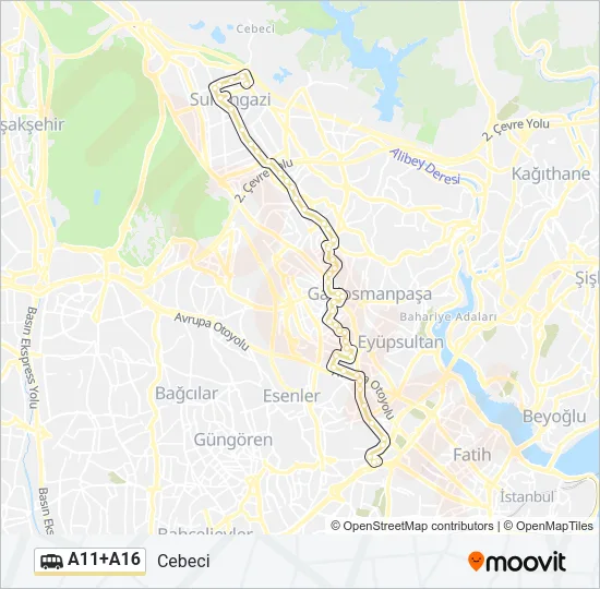 A11+A16 minibüs / dolmuş Hattı Haritası