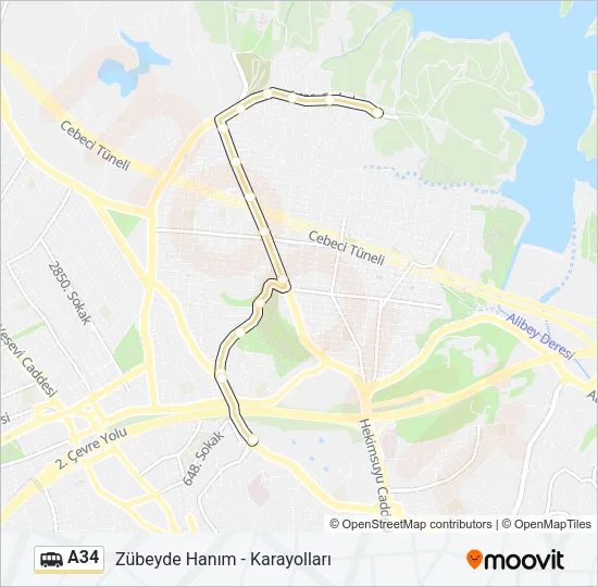 A34 minibüs / dolmuş Hattı Haritası
