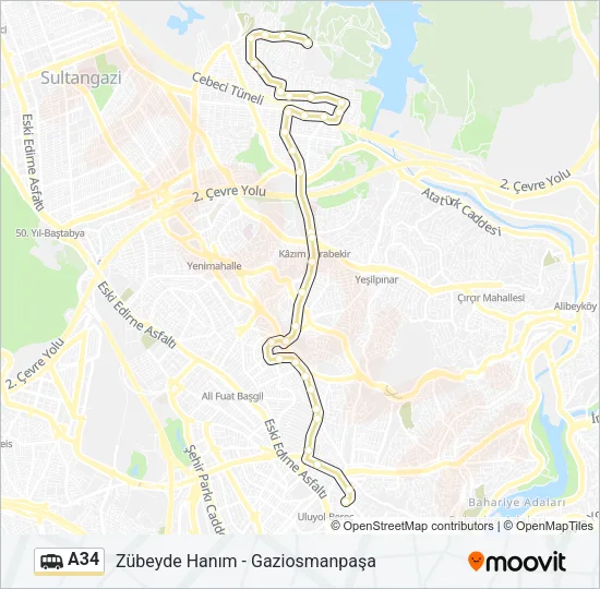 A34 minibüs / dolmuş Hattı Haritası