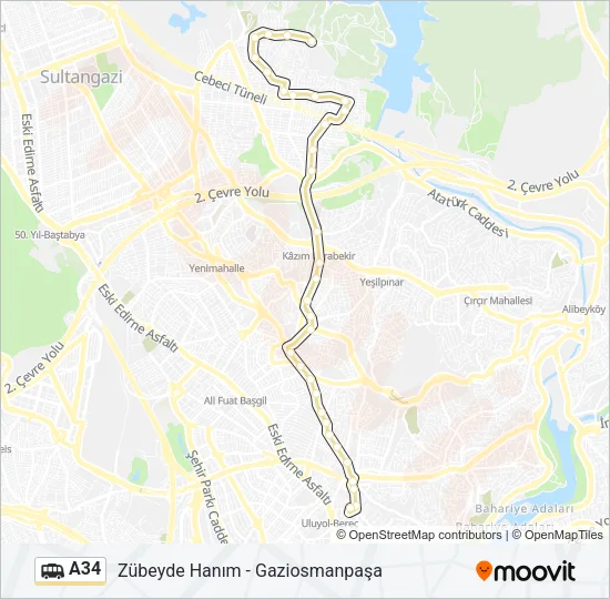 A34 minibüs / dolmuş Hattı Haritası