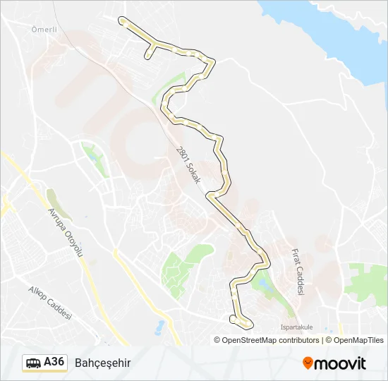 A36 minibüs / dolmuş Hattı Haritası