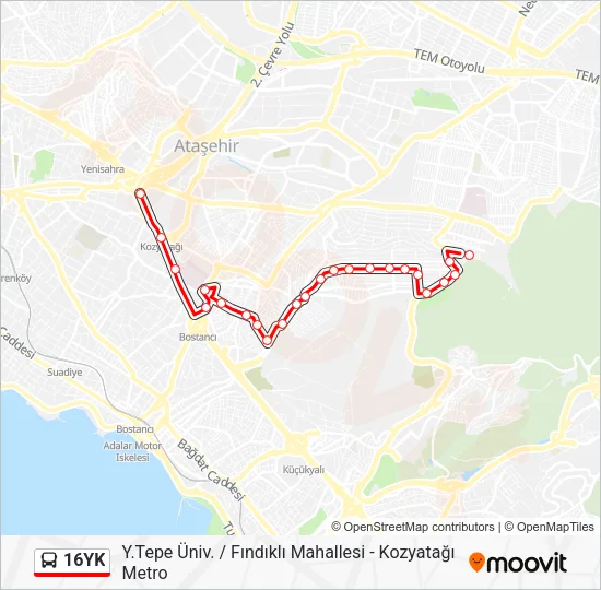 16YK otobüs Hattı Haritası