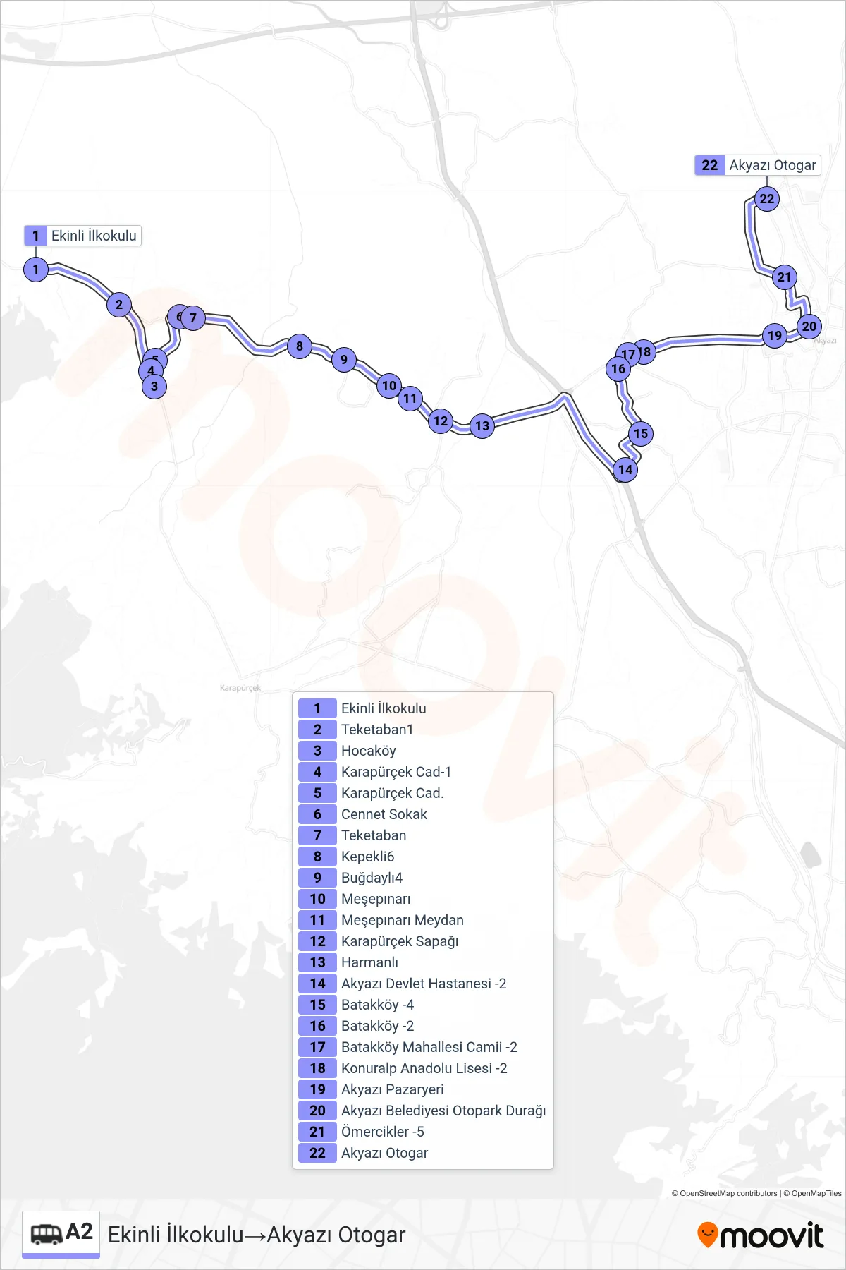 A2 Dolmus & Minibus Line (Ekinli İlkokulu‎→Akyazı Otogar) route and stops on a map