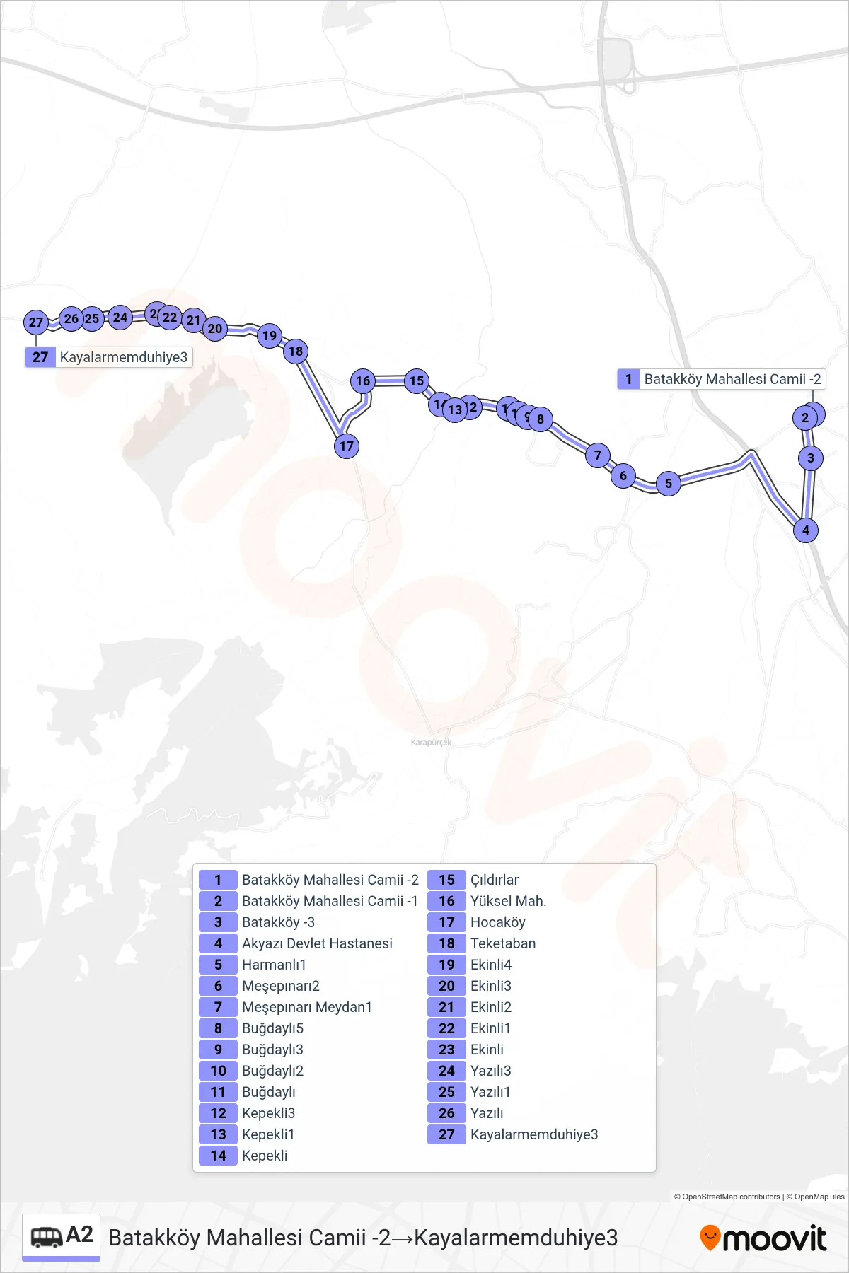 A2 Dolmus & Minibus Line (Batakköy Mahallesi Camii -2‎→Kayalarmemduhiye3) route and stops on a map