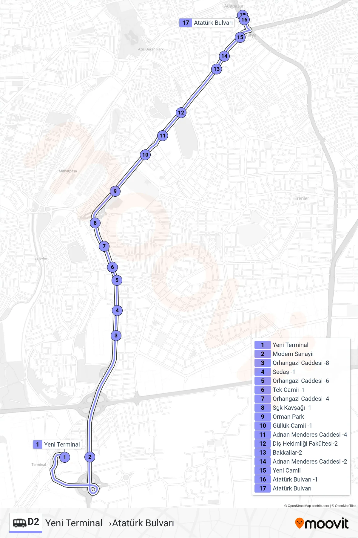 D2 Dolmus & Minibus Line (Yeni Terminal‎→Atatürk Bulvarı) route and stops on a map