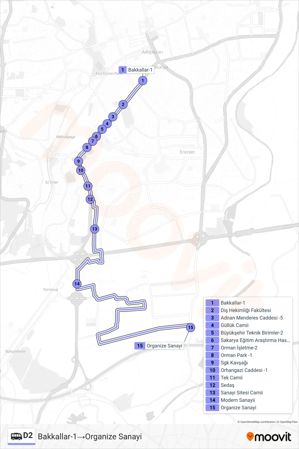 D2  Line (Bakkallar-1‎→Organize Sanayi) route and stops on a map