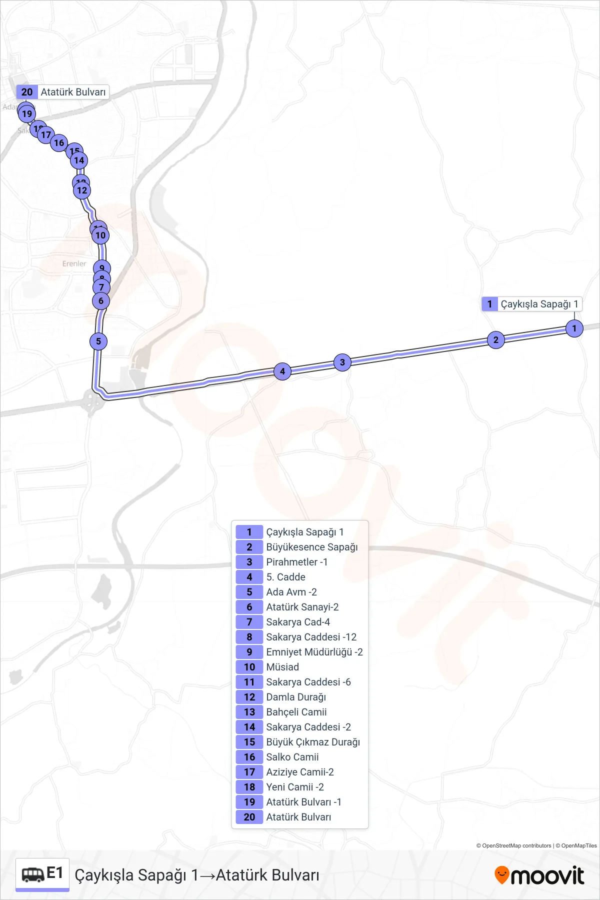E1 Dolmus & Minibus Line (Çaykışla Sapağı 1‎→Atatürk Bulvarı) route and stops on a map
