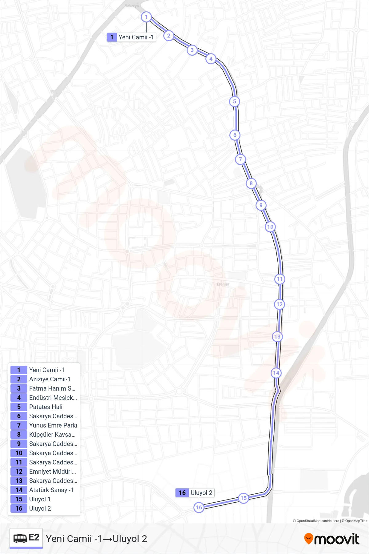 E2 minibüs / dolmuş Hattı (Yeni Camii -1‎→Uluyol 2) - Harita üzerindeki güzergâh ve duraklar