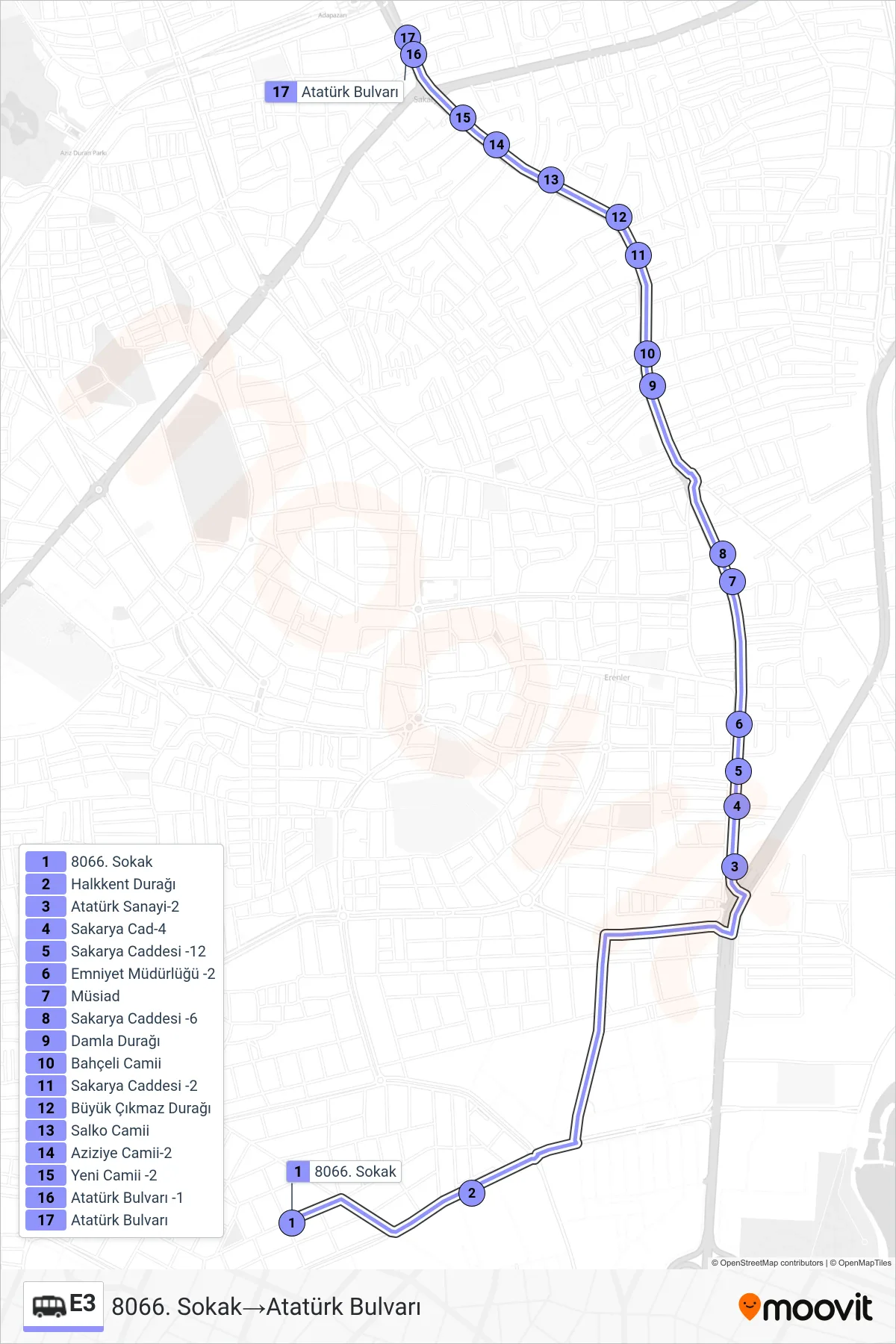 E3 Dolmus & Minibus Line (8066. Sokak‎→Atatürk Bulvarı) route and stops on a map