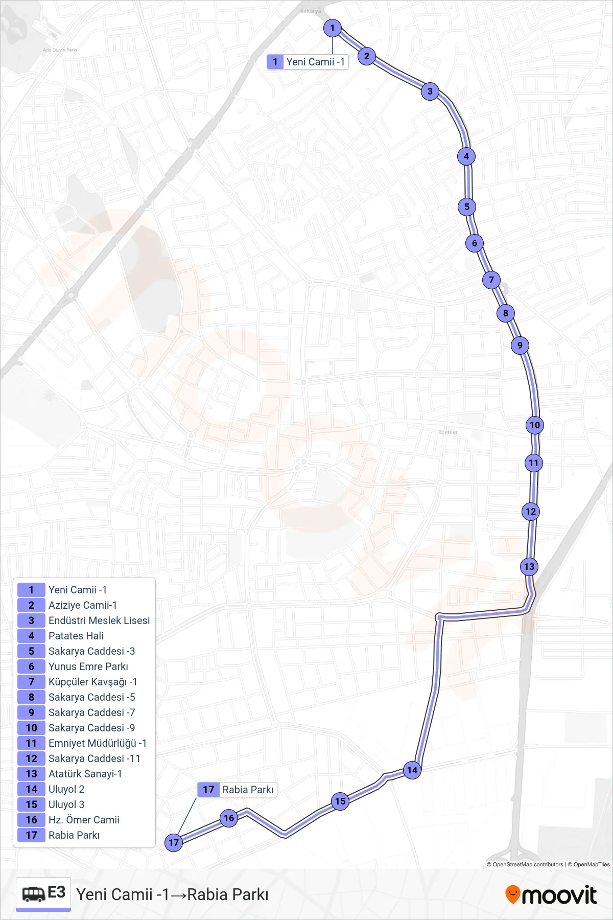 E3 Dolmus & Minibus Line (Yeni Camii -1‎→Rabia Parkı) route and stops on a map
