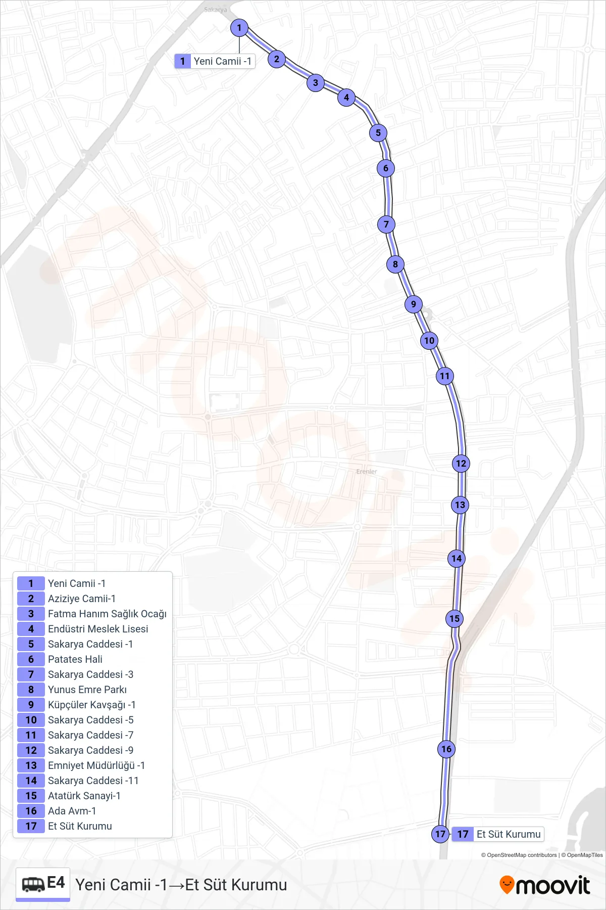 E4 Dolmus & Minibus Line (Yeni Camii -1‎→Et Süt Kurumu) route and stops on a map