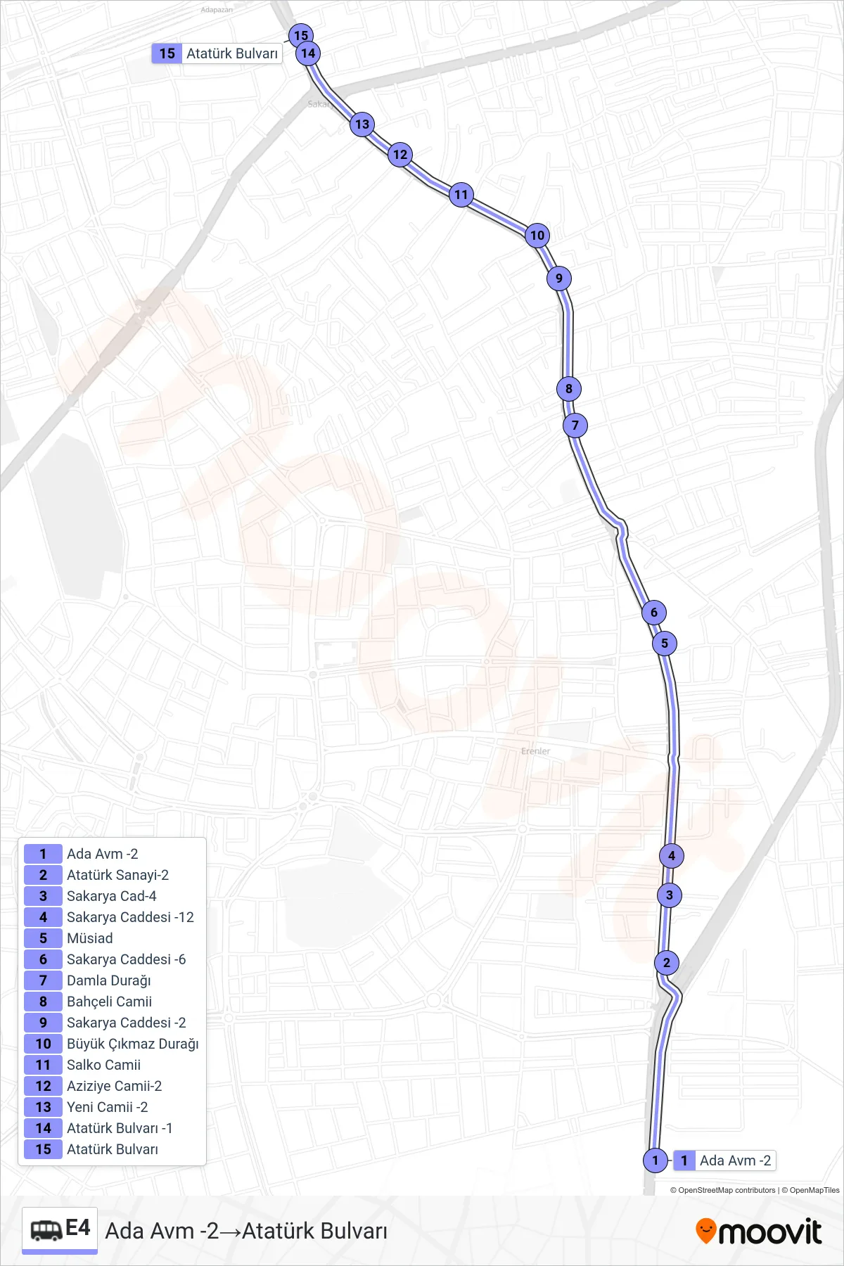 E4 Dolmus & Minibus Line (Ada Avm -2‎→Atatürk Bulvarı) route and stops on a map