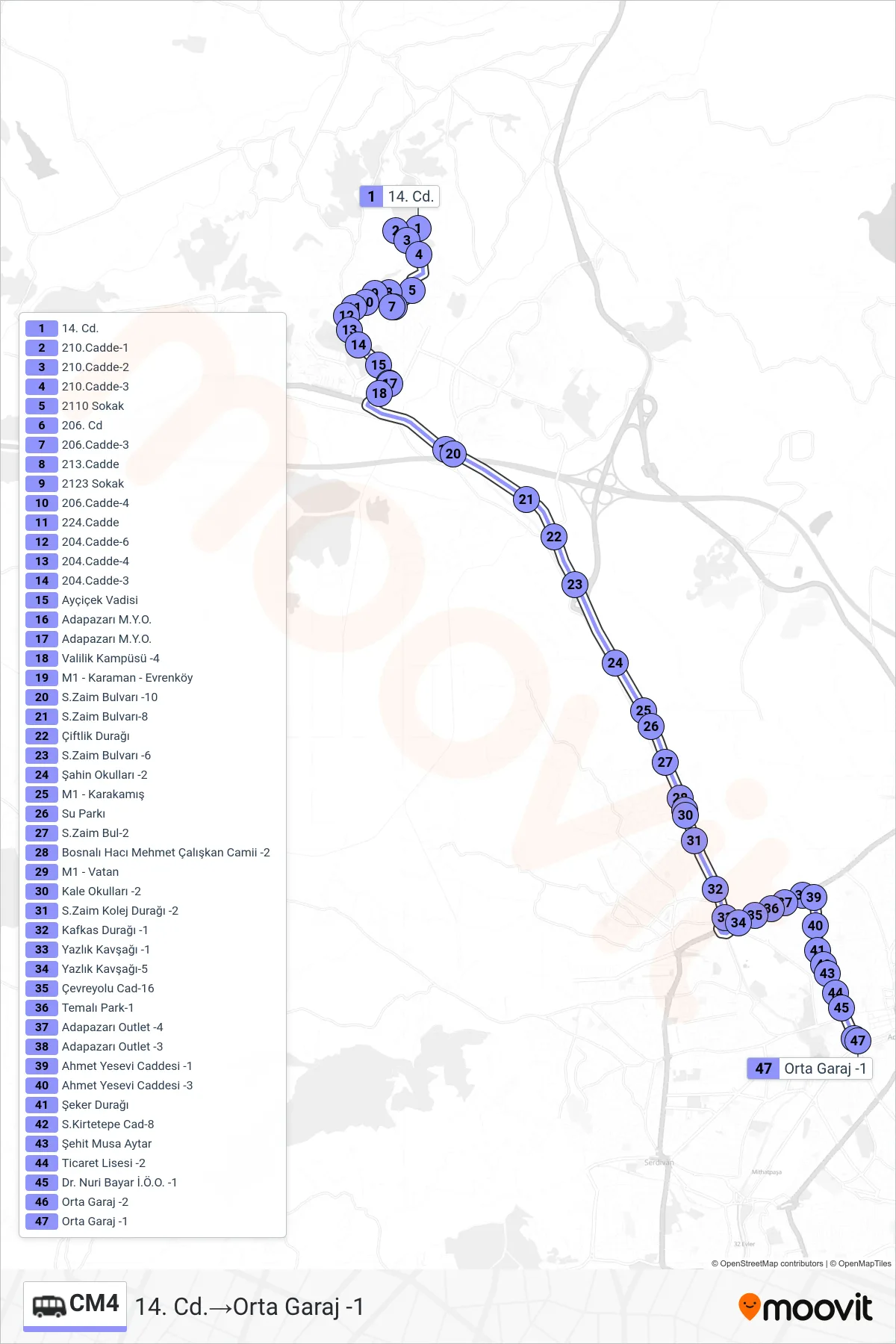 CM4 Dolmus & Minibus Line (14. Cd.‎→Orta Garaj -1) route and stops on a map