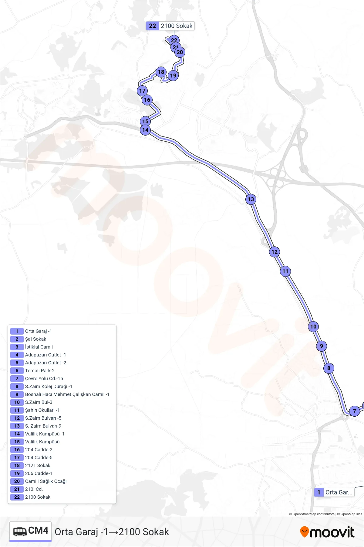 CM4 Dolmus & Minibus Line (Orta Garaj -1‎→2100 Sokak) route and stops on a map