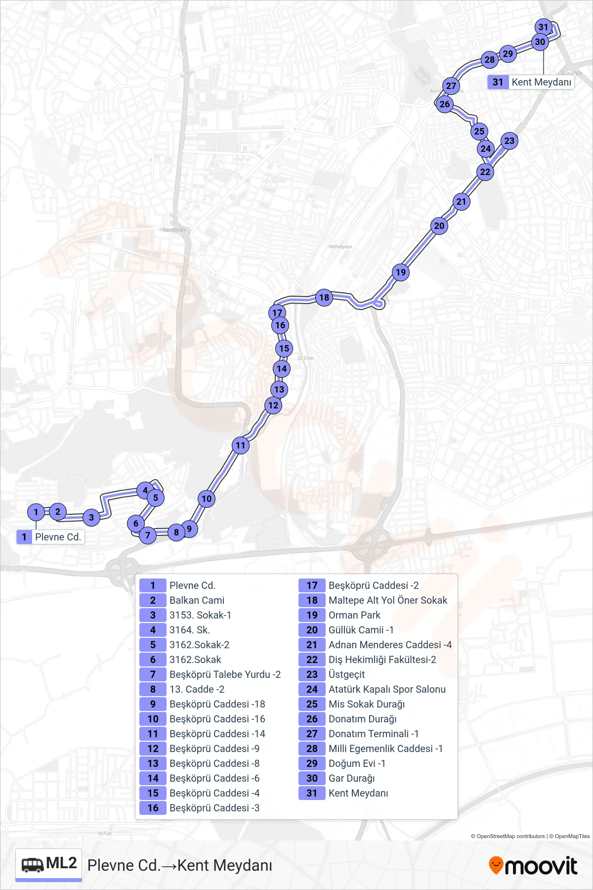 ML2 Dolmus & Minibus Line (Plevne Cd.‎→Kent Meydanı) route and stops on a map