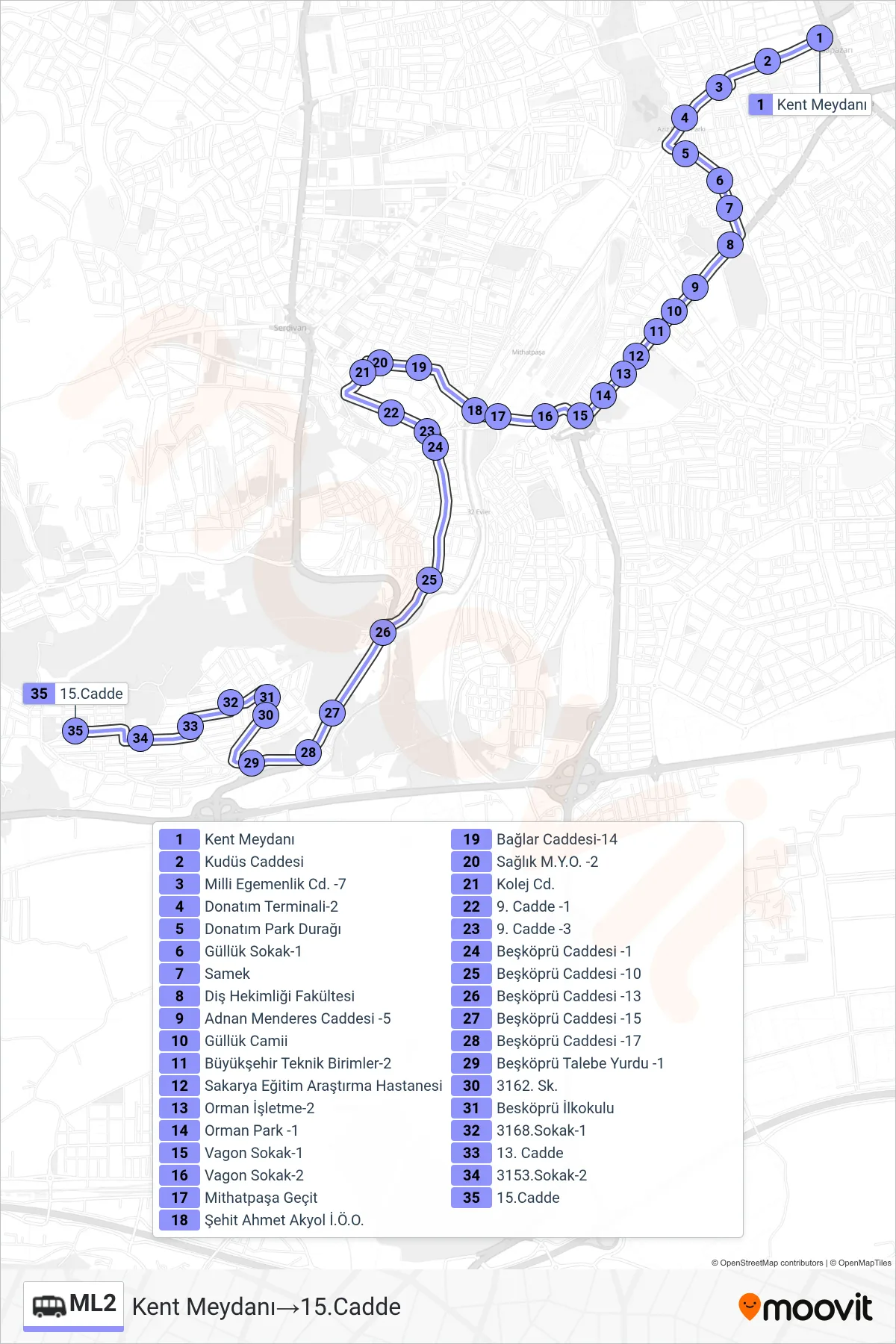 ML2 Dolmus & Minibus Line (Kent Meydanı‎→15.Cadde) route and stops on a map