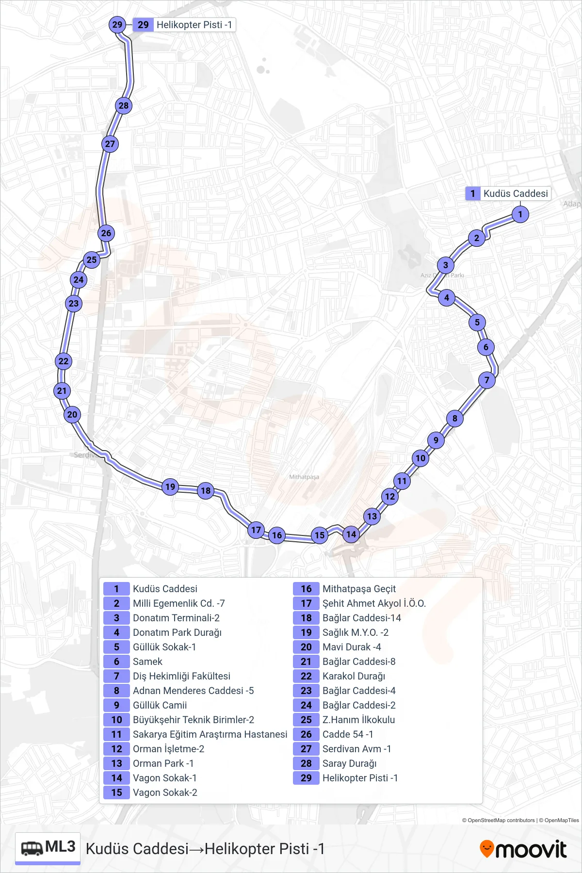 ML3 Dolmus & Minibus Line (Kudüs Caddesi‎→Helikopter Pisti -1) route and stops on a map
