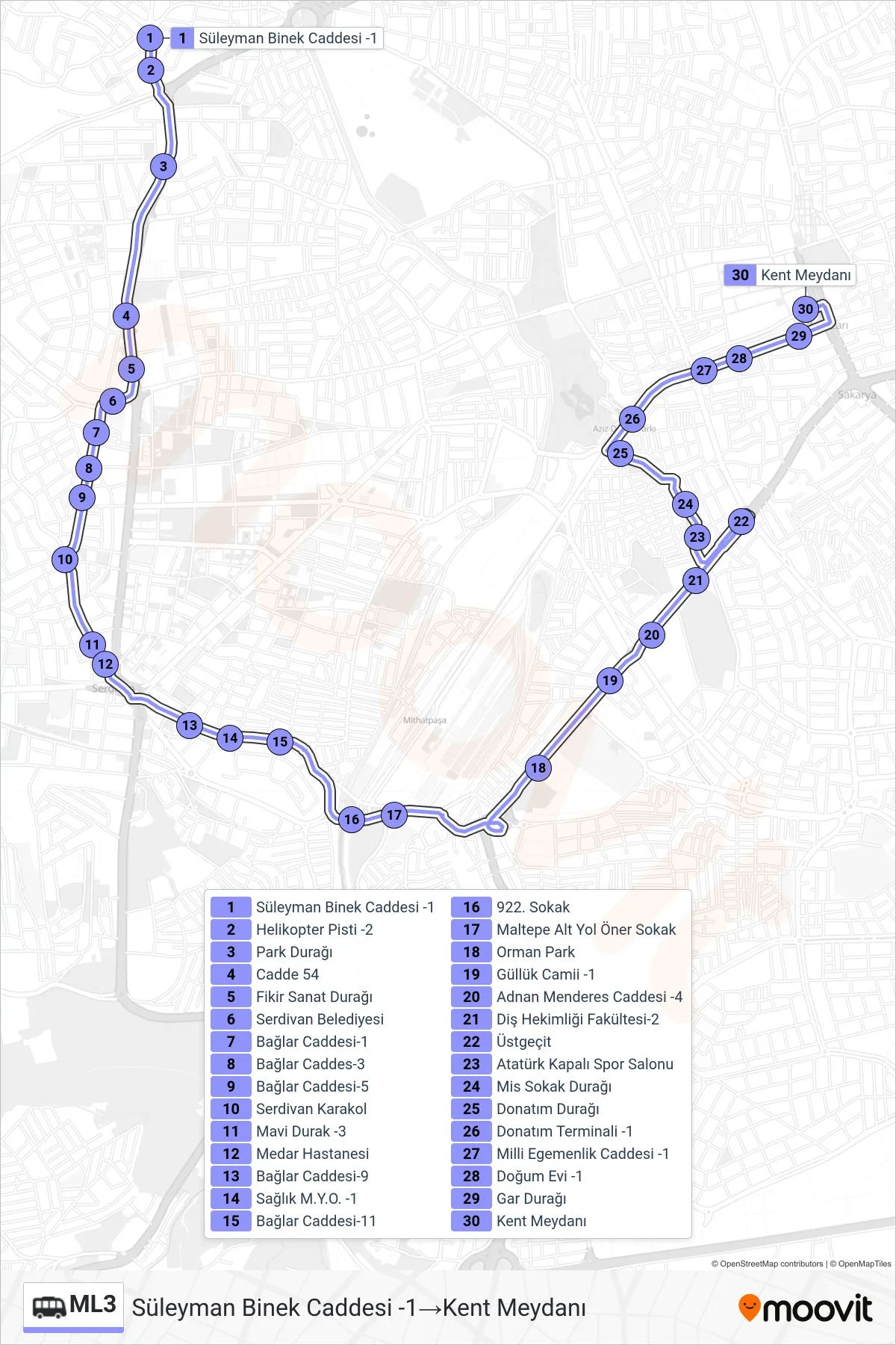 ML3 Dolmus & Minibus Line (Süleyman Binek Caddesi -1‎→Kent Meydanı) route and stops on a map