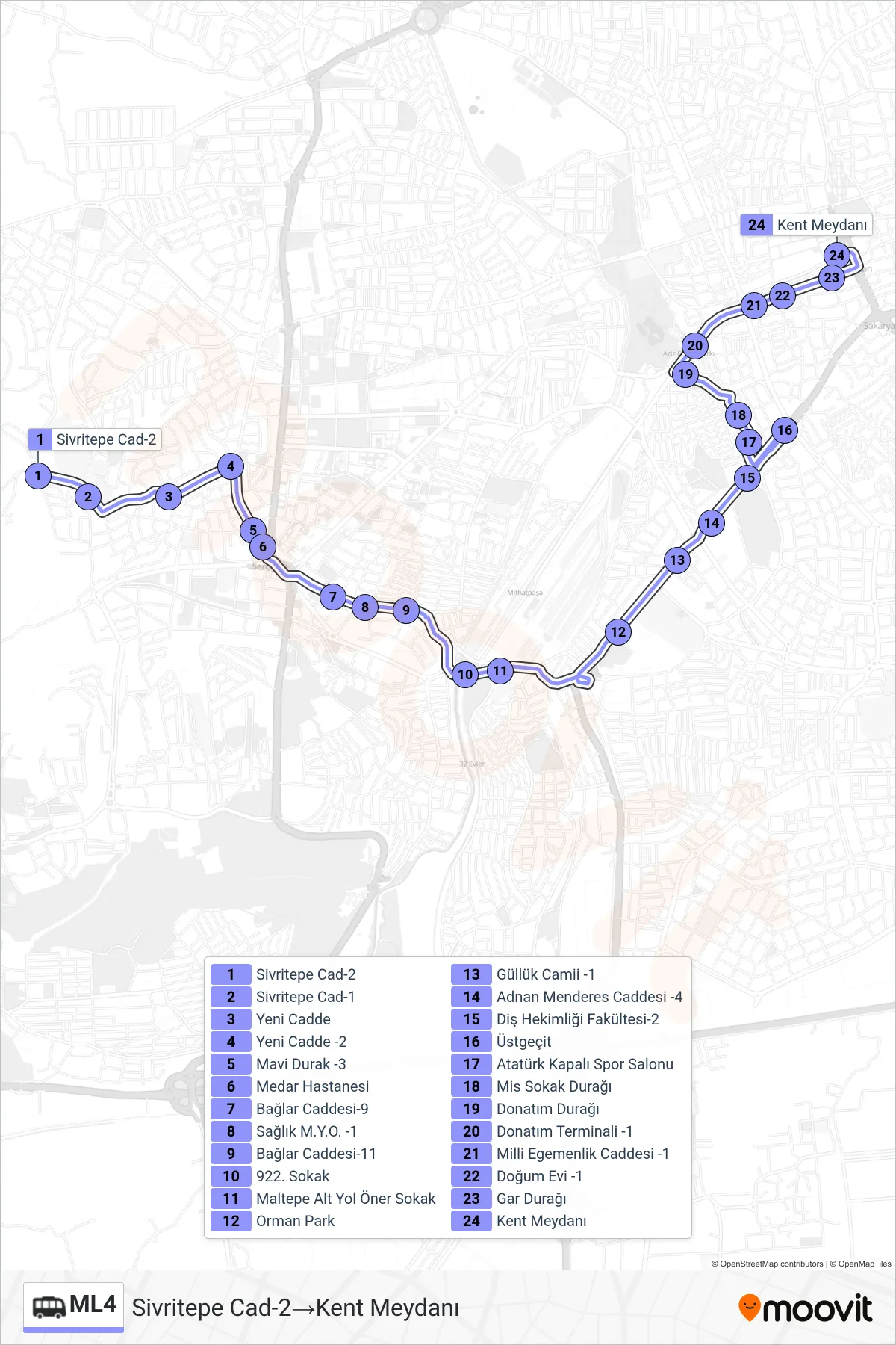 ML4 Dolmus & Minibus Line (Sivritepe Cad-2‎→Kent Meydanı) route and stops on a map