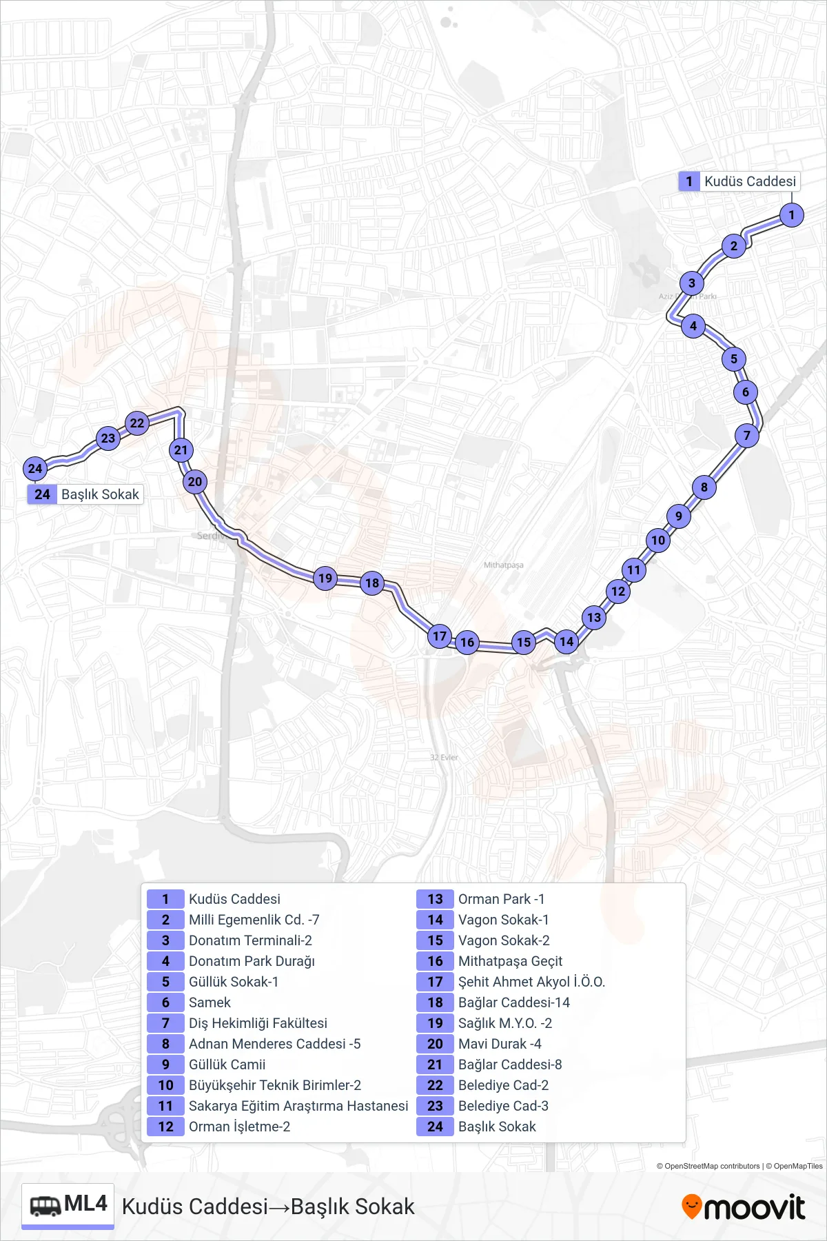 ML4  Line (Kudüs Caddesi‎→Başlık Sokak) route and stops on a map