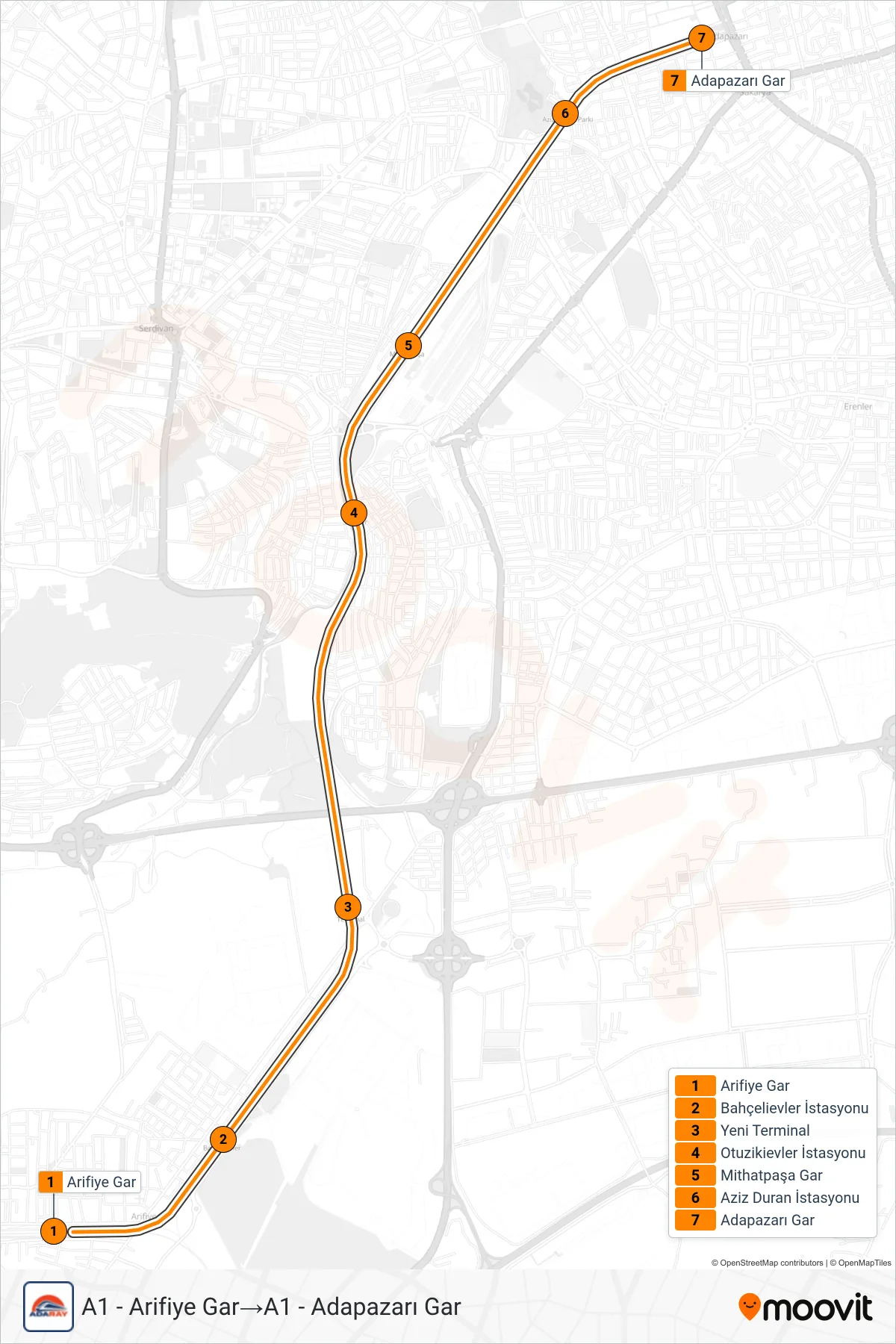 A1 train Line (A1 - Arifiye Gar→A1 - Adapazarı Gar) route and stops on a map