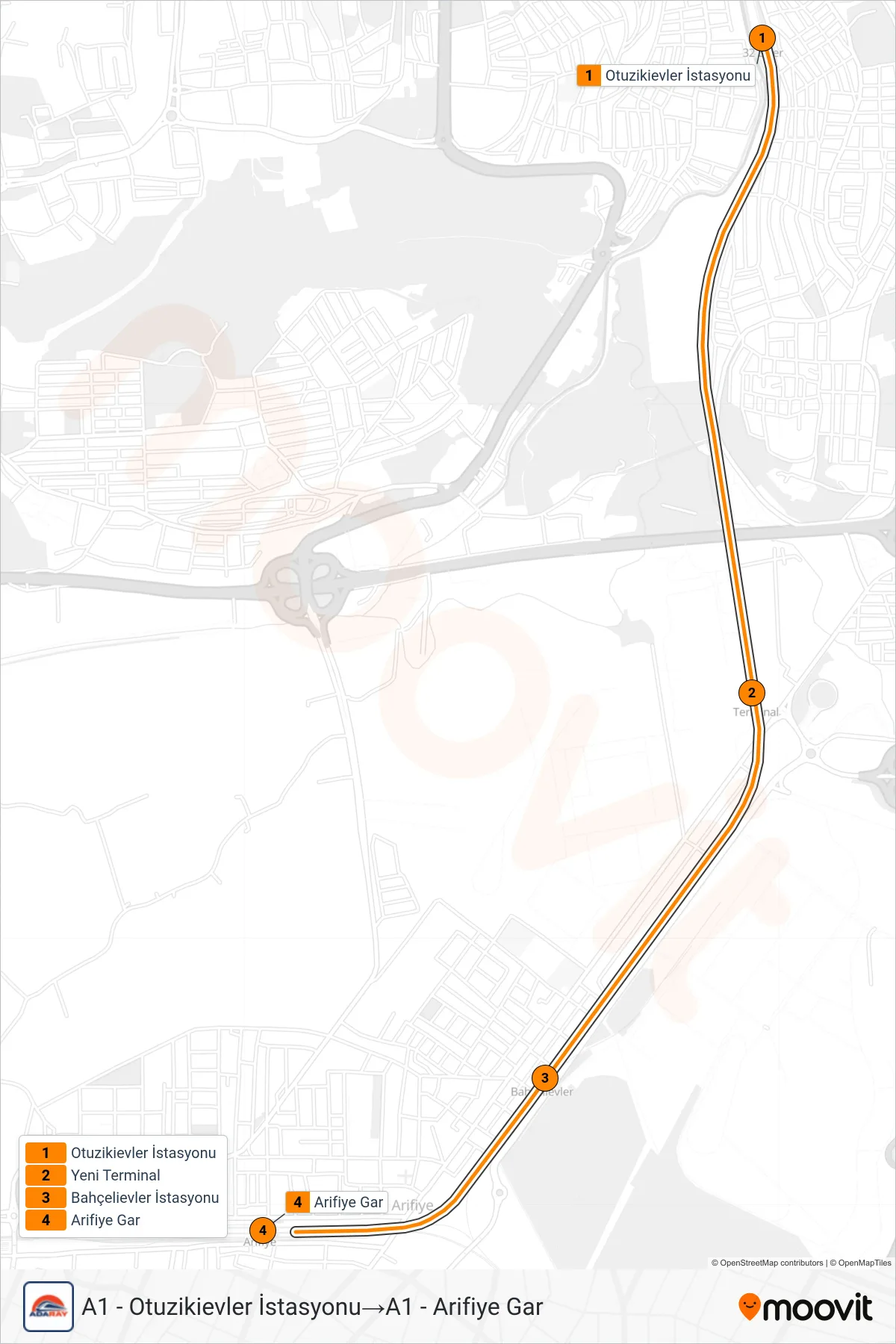A1 train Line (A1 - Otuzikievler İstasyonu→A1 - Arifiye Gar) route and stops on a map