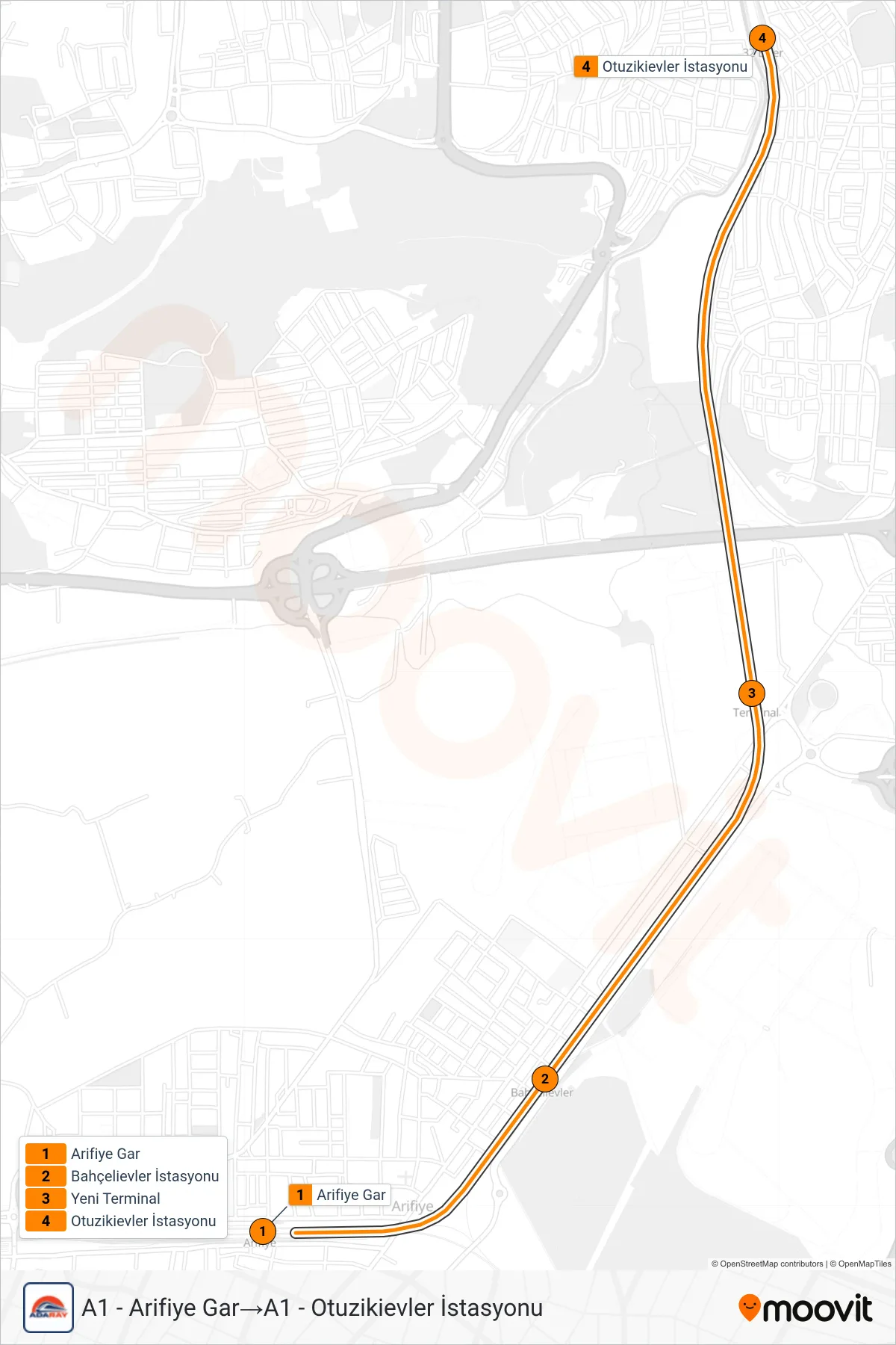 A1 train Line (A1 - Arifiye Gar‎→A1 - Otuzikievler İstasyonu) route and stops on a map