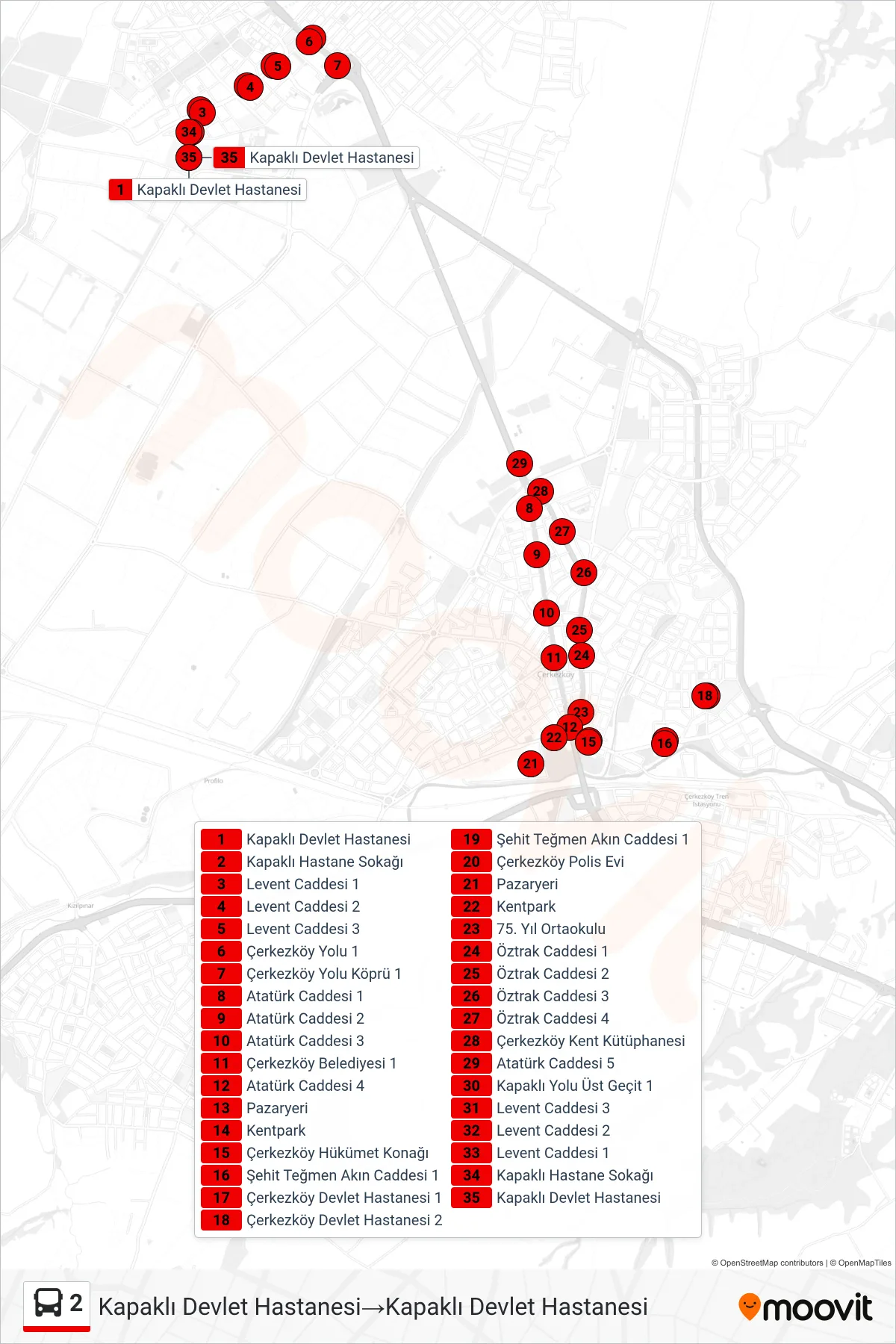2 bus Line (Kapaklı Devlet Hastanesi‎→Kapaklı Devlet Hastanesi) route and stops on a map
