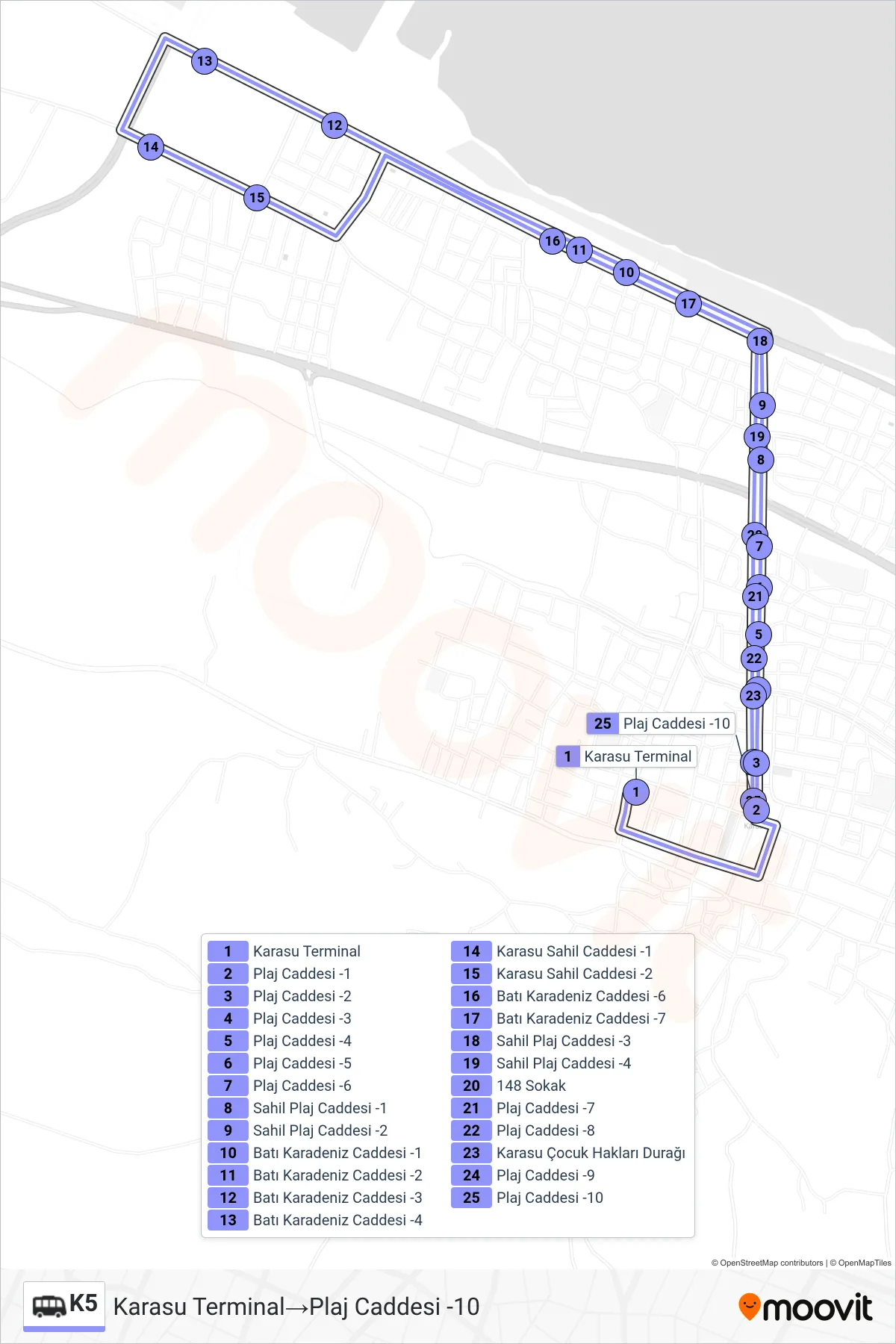 K5 Dolmus & Minibus Line (Karasu Terminal‎→Plaj Caddesi -10) route and stops on a map