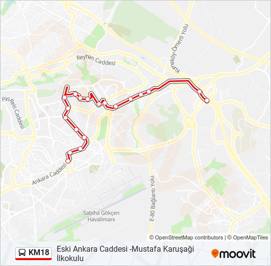 KM18 otobüs Hattı Haritası